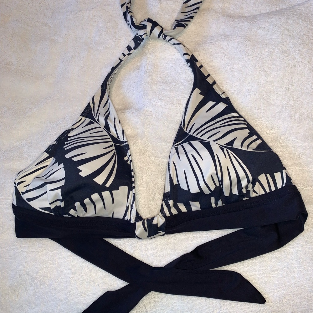 Navy Blue and White Leaf Print Bikini Top